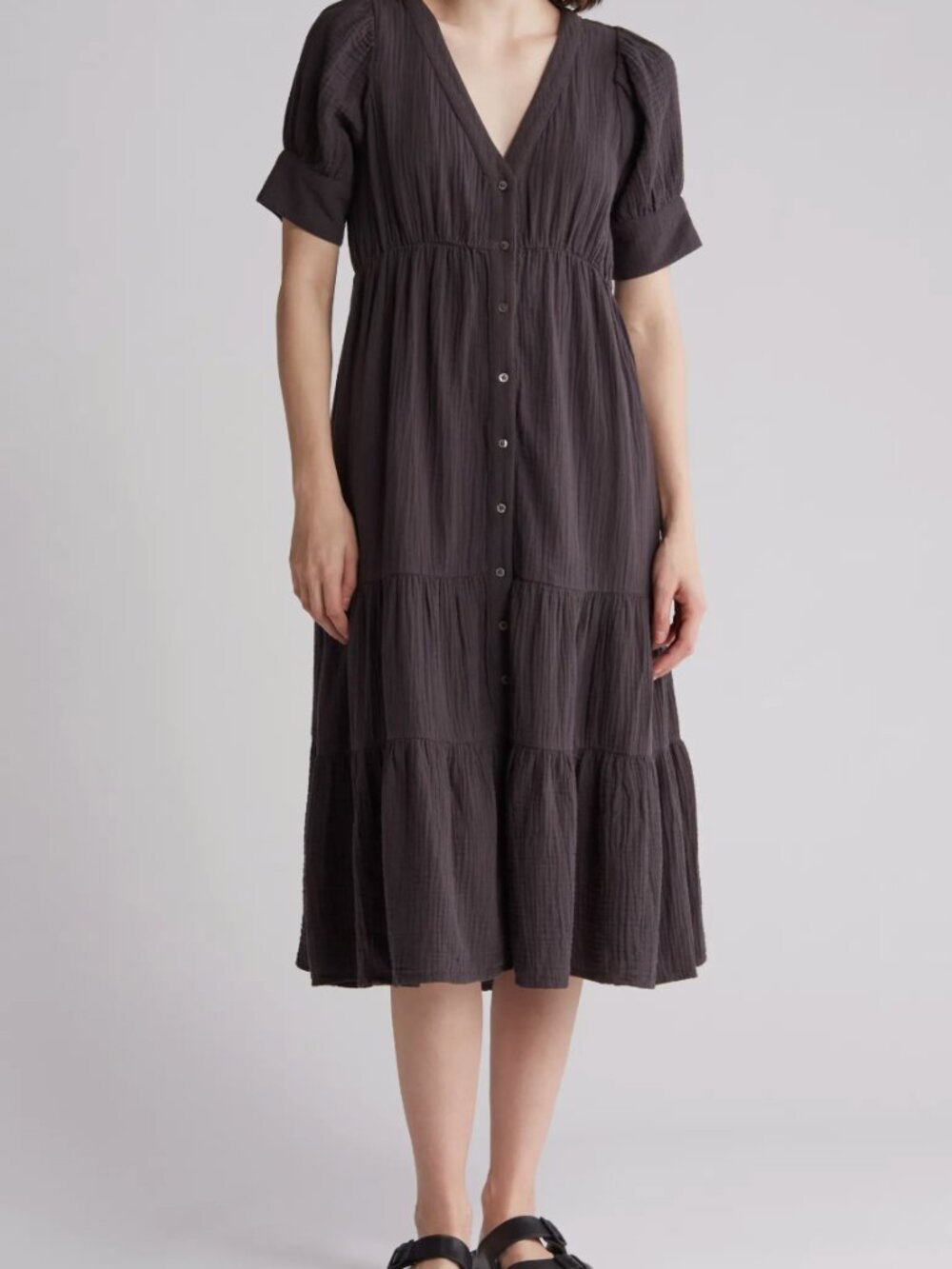 Madewell Lightspun Tiered Button Front 100% Cotton Midi Dress Black Size 2